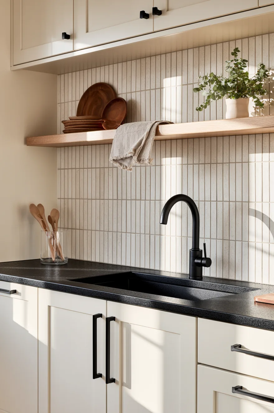 Slim white rectangular tiles stacked vertically on a kitchen backsplash above a textured black countertop with a matte black gooseneck faucet.