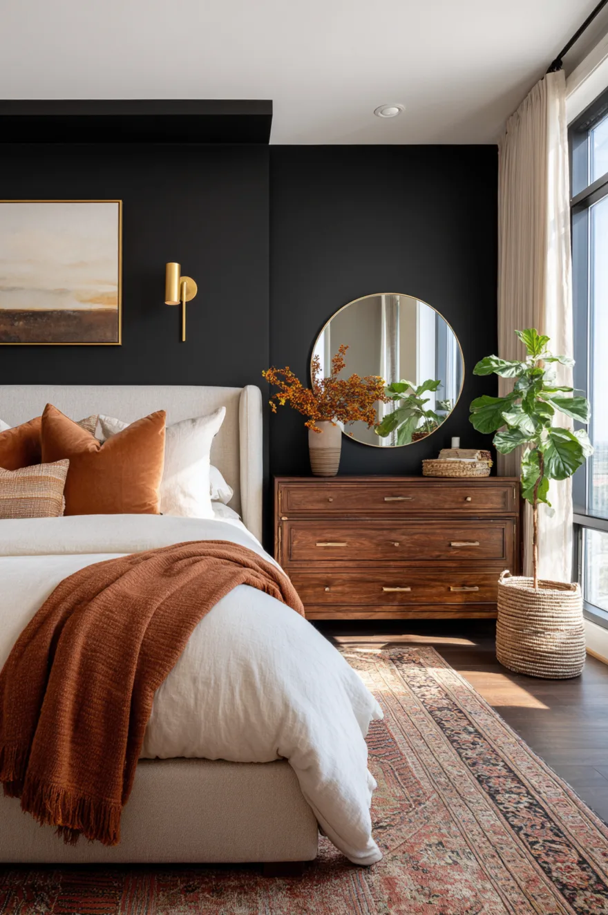 A smooth black accent wall in a bright bedroom with a cream upholstered bed, rust orange pillows, a wood dresser, a round brass mirror, and a large potted fiddle leaf fig plant.