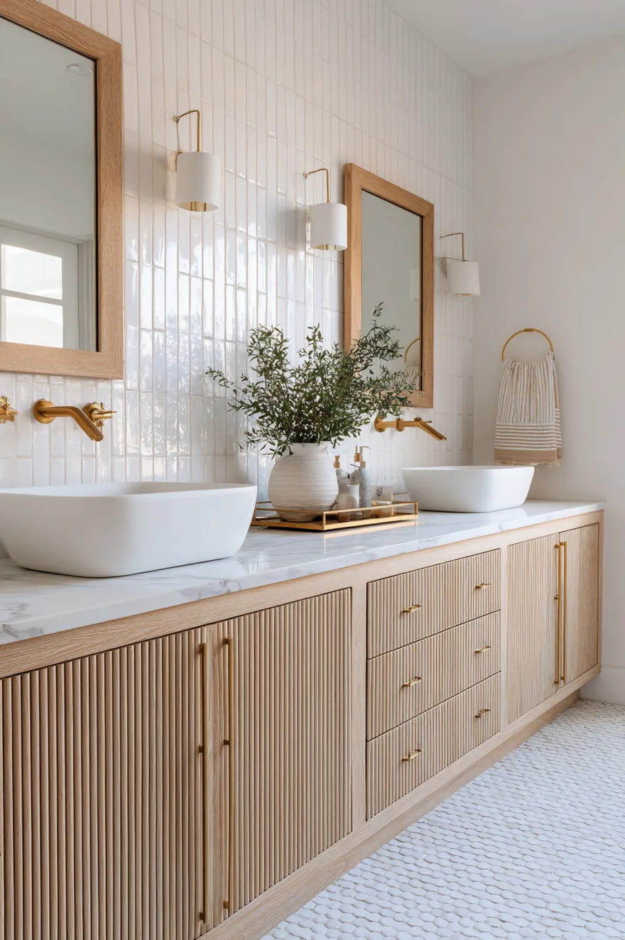 A modern double vanity made of light wood featuring vertical fluting on the cabinet doors. The vanity has a white marble countertop with two white rectangular vessel sinks, gold wall-mounted faucets, matching gold hardware, and two wood-framed mirrors mounted on a glossy vertical white tile wall.