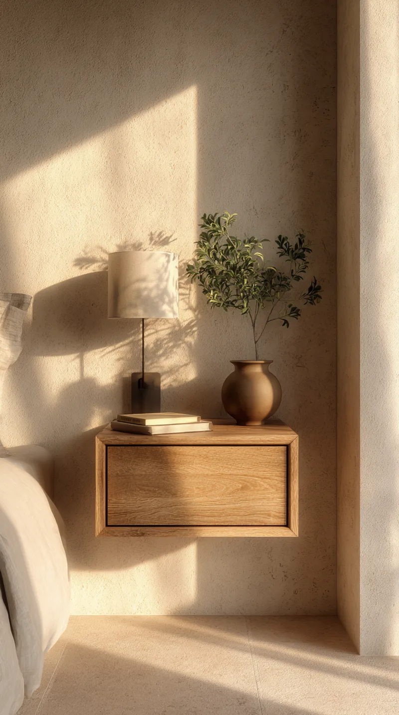 Modern wood floating nightstand mounted on a textured beige wall next to a bed.