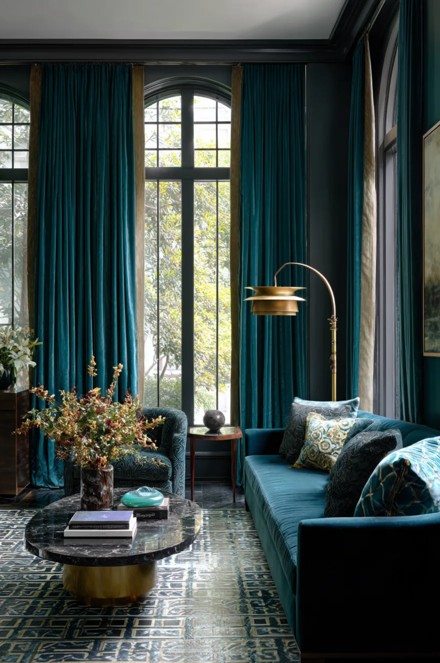 Moody living room featuring floor-to-ceiling teal velvet curtains framing tall arched windows. A matching deep teal velvet sofa is accented with patterned metallic pillows. A tiered brass floor lamp stands in the corner, while an oval black marble coffee table with a gold base sits on a geometric patterned rug.