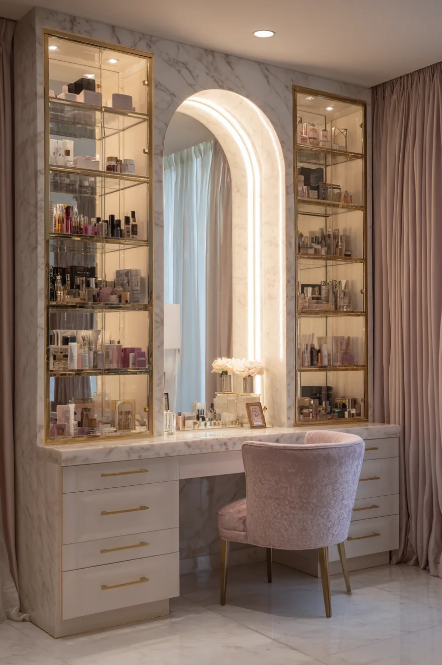 A luxurious Built in vanity system featuring a central marble desk and an arched illuminated mirror. Flanking the mirror are two tall, glass-front cabinets filled with neatly organized makeup and beauty products. The cabinetry is white with gold hardware, and a plush pink velvet chair sits tucked under the desk.
