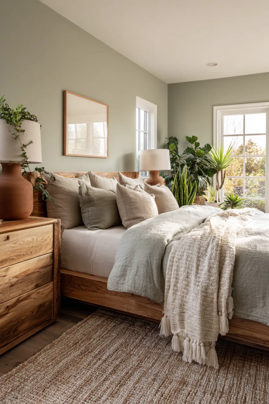 Sage green master bedroom featuring a rustic natural wood bed frame and a matching wood dresser. The bed is layered with light grey-green linen bedding and a textured cream throw blanket. A large terracotta lamp rests on the dresser alongside several lush green houseplants near a large window.