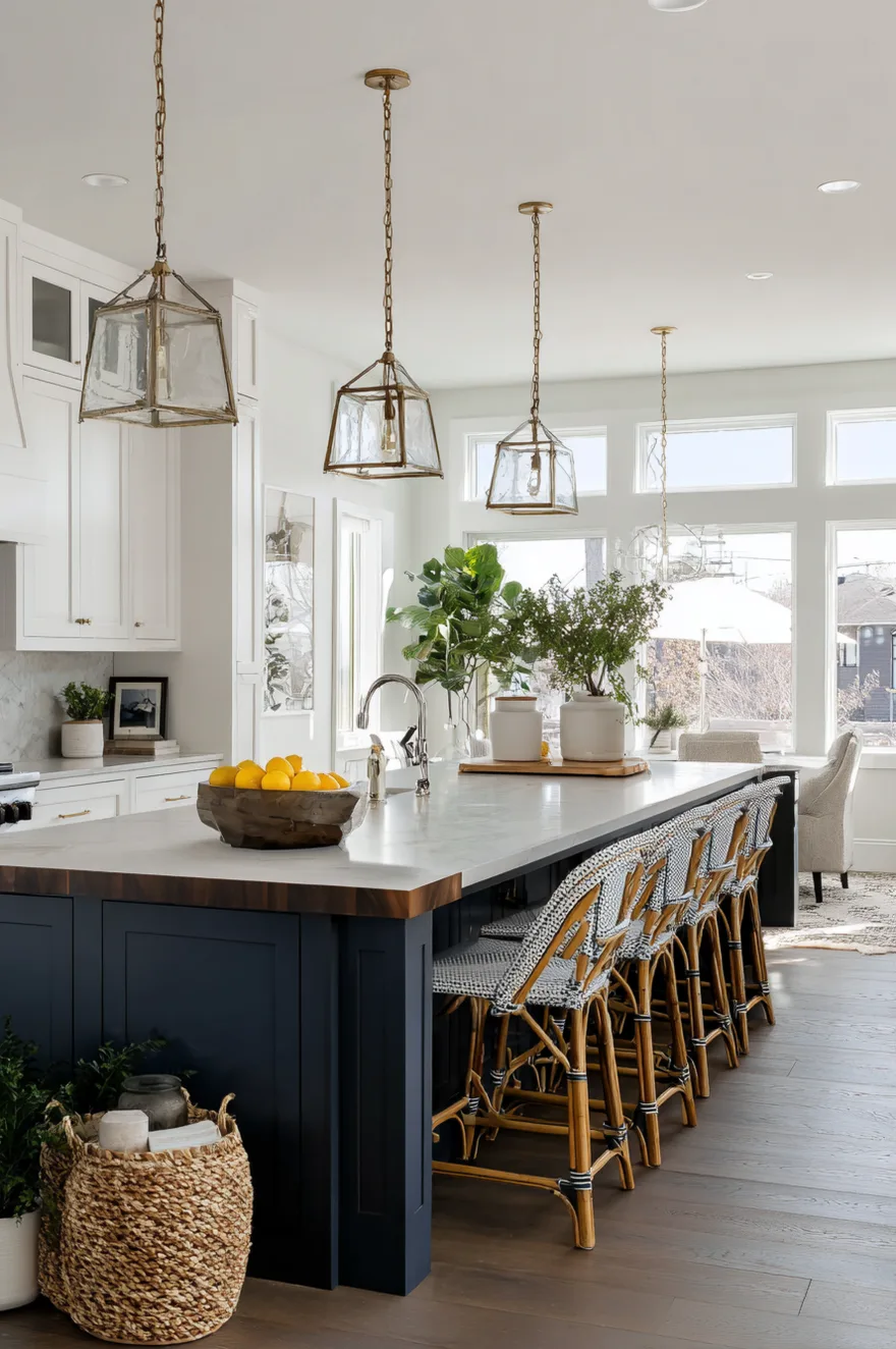 Three brass lantern style kitchen pendant lights over island spaced evenly above a large marble countertop.