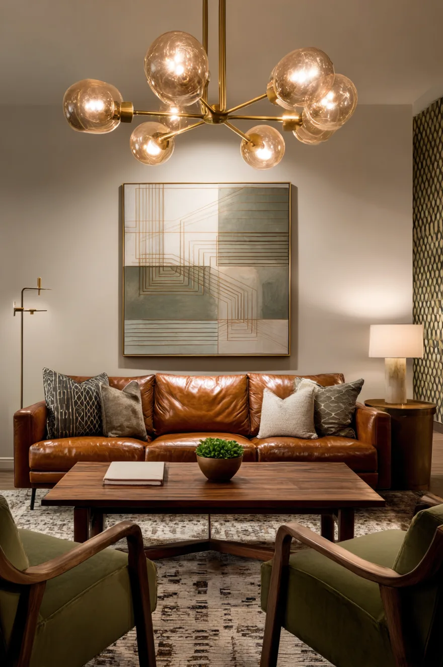 A warmly lit living room centered around a brown leather sofa and a rectangular wood coffee table. A brass chandelier with glass globes hangs from the ceiling, complementing a floor lamp and a table lamp, with a geometric painting on the wall behind.