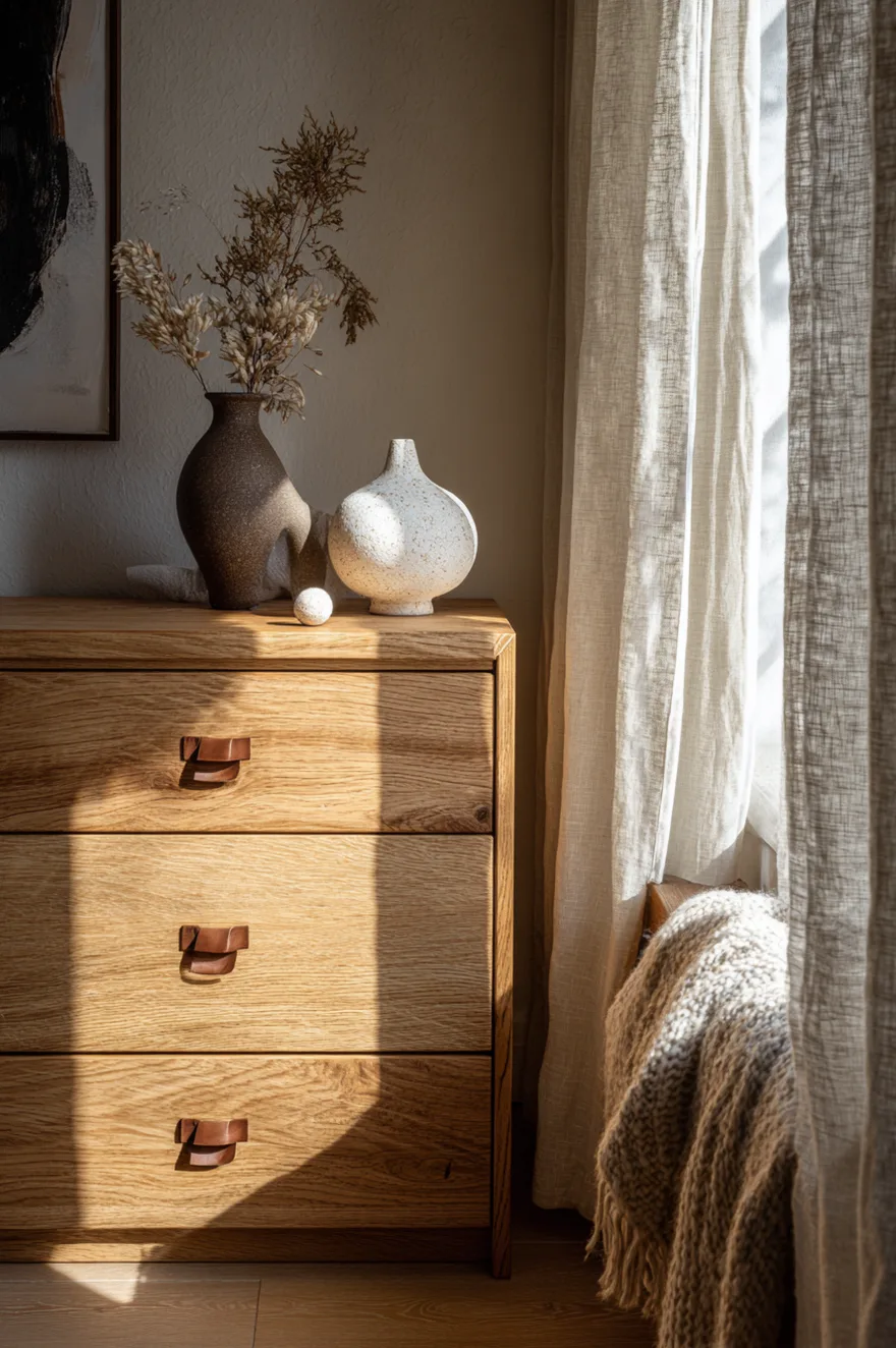 A solid light oak dresser featuring distinctive brown leather drawer pulls, illuminated by strong sunlight from an adjacent window covered by sheer linen curtains. The top of the dresser holds a textured brown ceramic vase with dried botanicals alongside a round, speckled white decorative object.