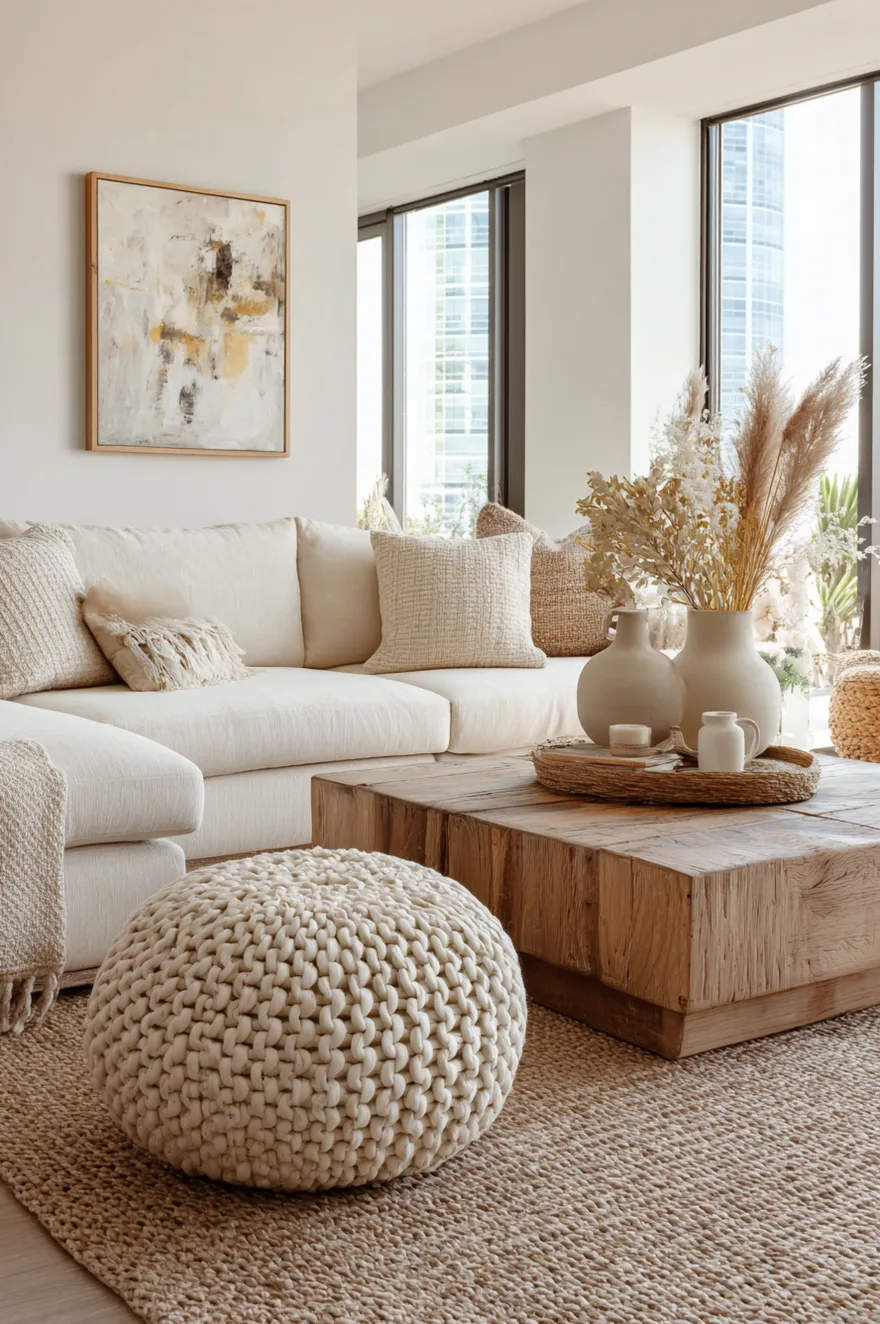 A cozy living room with a chunky natural jute area rug under a white sectional sofa, accompanied by a square wooden coffee table and a knitted pouf.