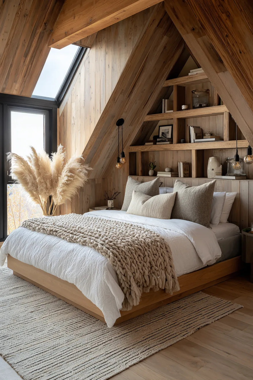 A rustic attic bedroom entirely wrapped in natural, light-toned wood paneling on the walls and slanted A-frame ceiling. The bed features a chunky knit blanket and sits beneath custom built-in wood shelving. A large black-framed window on the left is decorated with a tall vase of dried pampas grass.