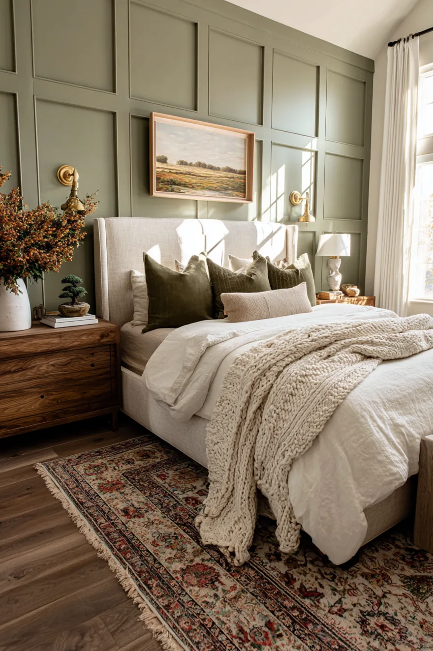 A bedroom with an olive green paneled accent wall, a beige headboard, dark green velvet pillows, and a rustic wood nightstand holding a small bonsai tree.