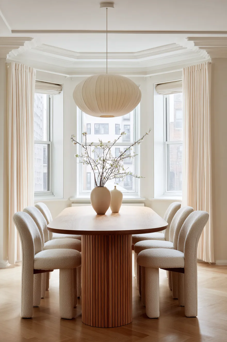 Elegant oval wood dining table centered in a long narrow dining room, allowing easy movement around the edges.