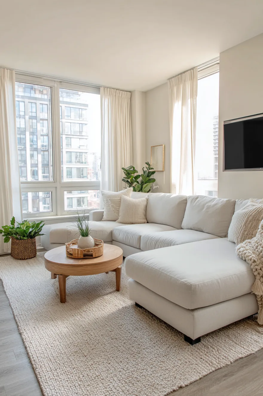 A compact white sectional sofa placed in a bright apartment living room with floor to ceiling windows, styled with a round light wood coffee table and a potted plant in a woven basket.