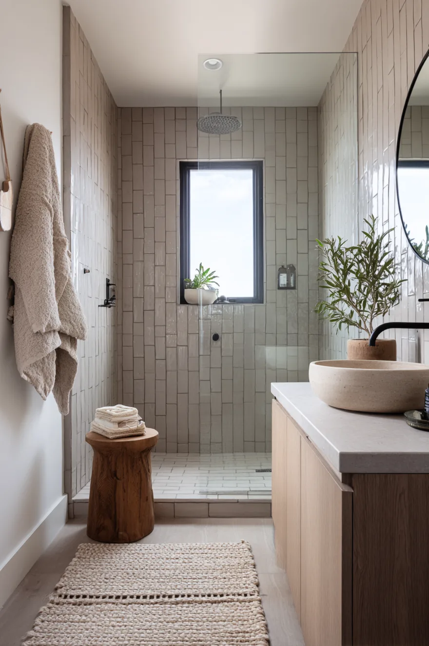 A narrow bathroom layout featuring a walk in shower with vertical gray tiles, a glass panel, black fixtures, and a light wood vanity with a round stone vessel sink.