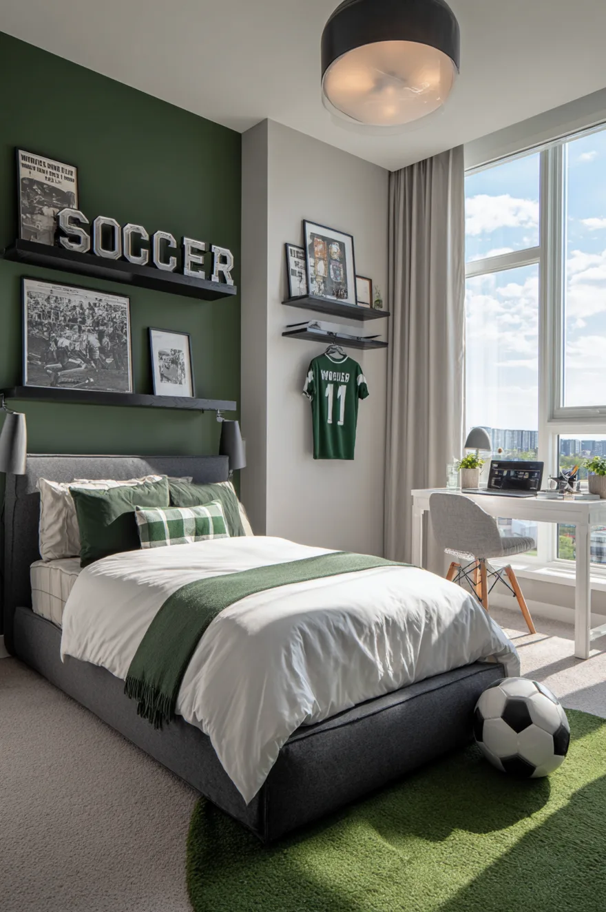 A soccer themed boys bedroom with a light grey wall featuring framed soccer prints and a floating shelf displaying soccer balls. A light wood bed is styled with a black and white patterned duvet.