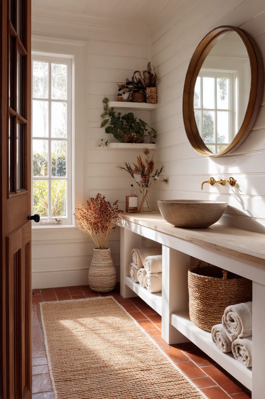 A warm and inviting bathroom featuring earthy terracotta floor tiles, crisp white walls, a white soaking tub, and a wooden stool.