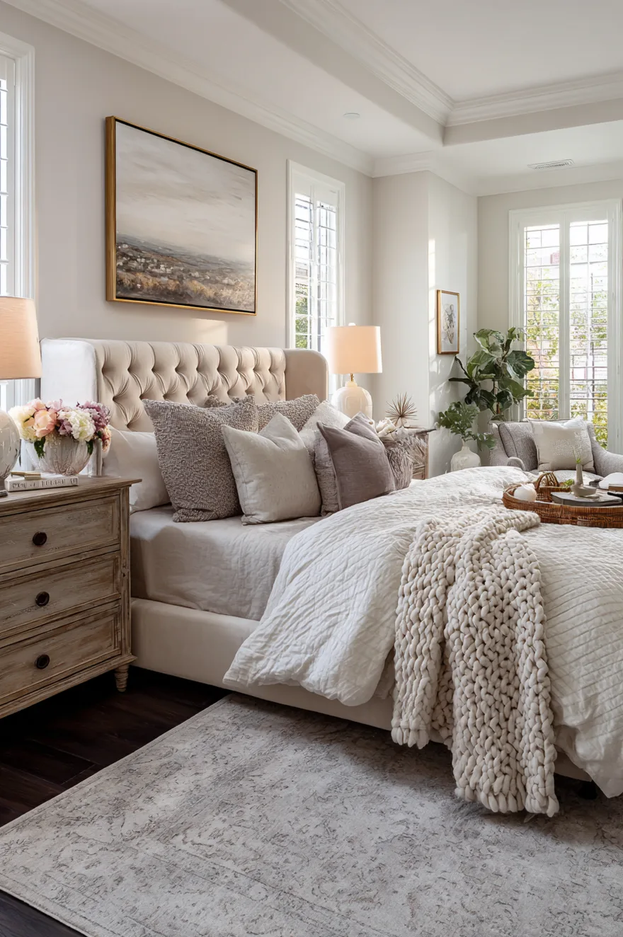 Luxury master bedroom featuring a tall tufted beige upholstered headboard and matching classic wooden nightstand.