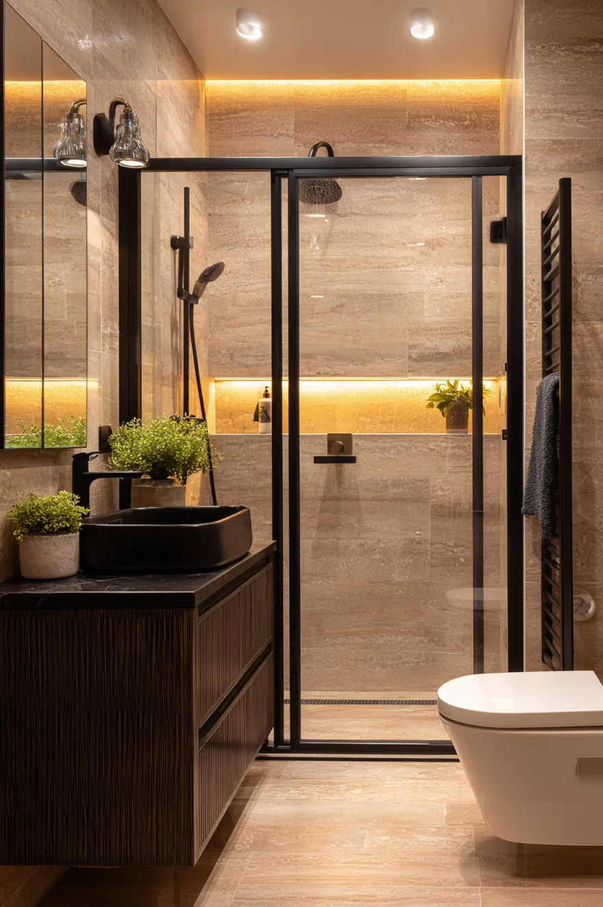A warm, softly lit modern bathroom featuring textured beige stone tiles. A walk-in shower is enclosed by a black metal-framed glass sliding door and features a recessed niche illuminated by warm LED strip lighting. A dark ribbed wood vanity with a black vessel sink sits beside a sleek white toilet.