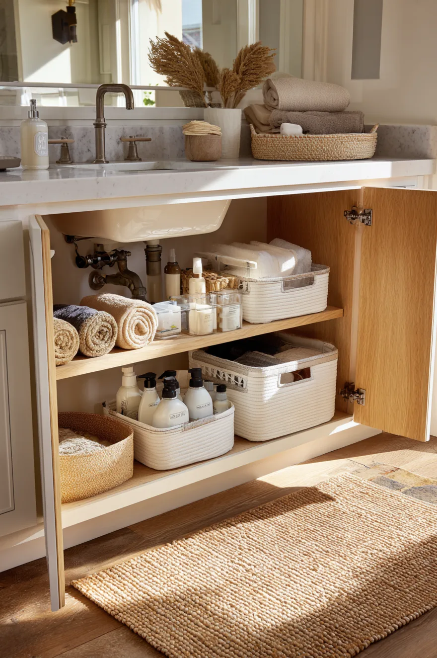 An open under-sink cabinet in a light oak wood vanity. The interior features a two-shelf system. The top shelf holds rolled towels and a white woven bin with handles. The bottom shelf holds another woven basket and two white woven bins containing an organized collection of white pump bottles and skincare products.