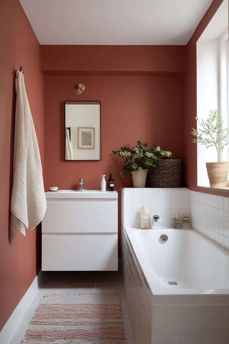 A small bathroom with terracotta painted walls, a modern white floating vanity, and a bathtub surrounded by square white tiles.