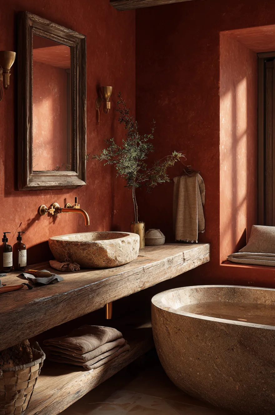 A rustic bathroom with textured terracotta plaster walls, a rough stone vessel sink on a reclaimed wood shelf, and a large round stone bathtub.