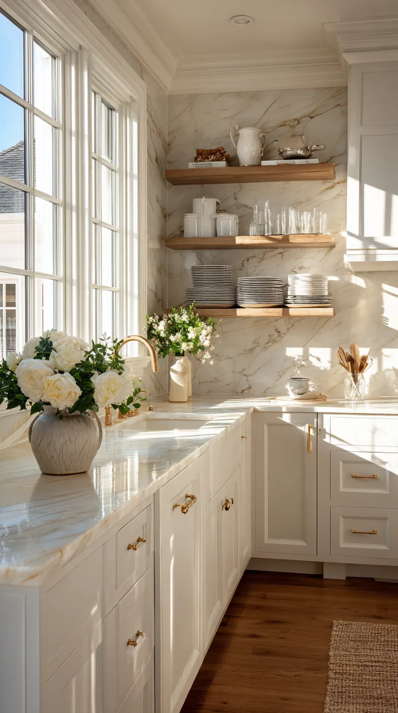 Creamy warm white kitchen cabinets with natural wood open shelves and marble countertops bathed in sunlight.