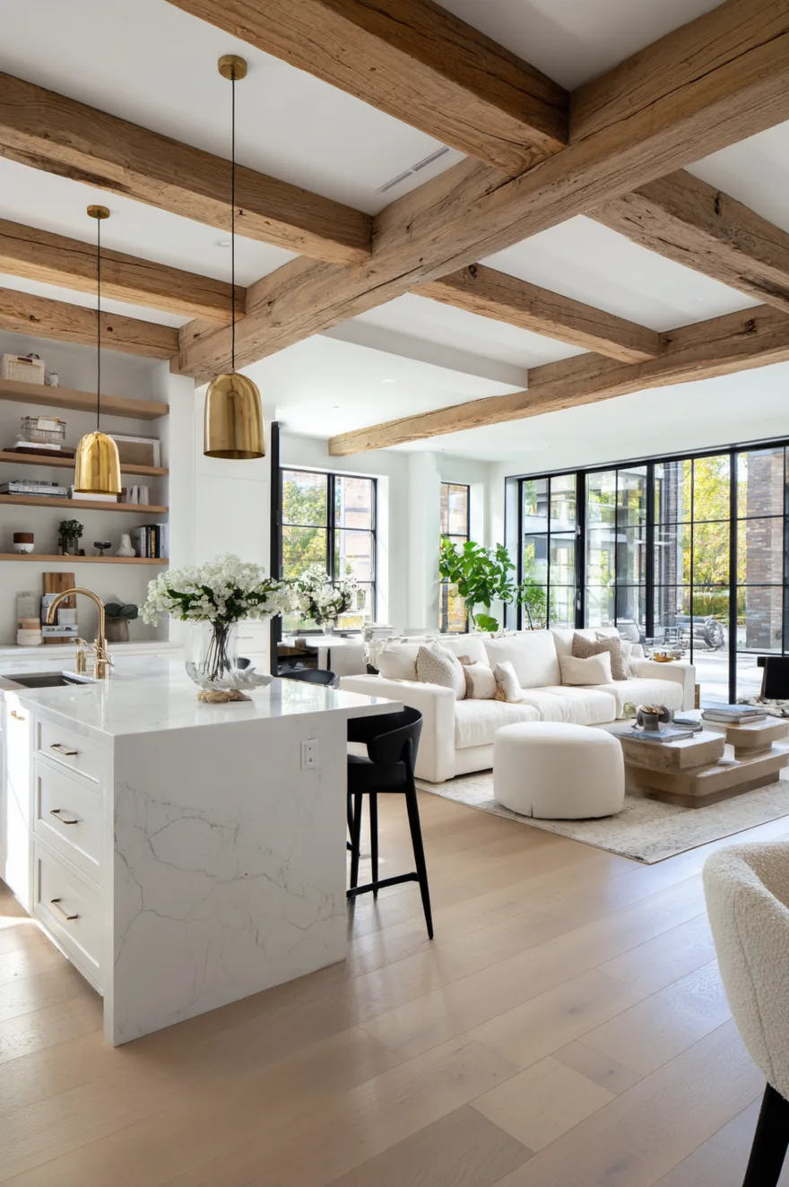 A modern white kitchen and living space separated by a white marble island with black stools, featuring exposed wood ceiling beams and large black-framed glass doors.