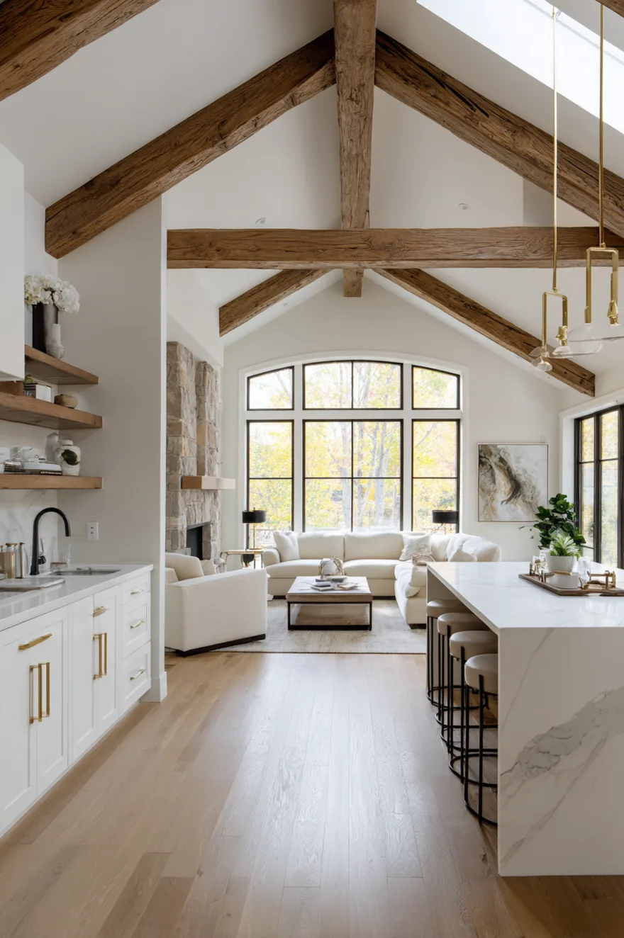A view from a kitchen with white cabinets and gold hardware looking into a living room with a vaulted ceiling, wood beams, a stone fireplace, and a large arched window.