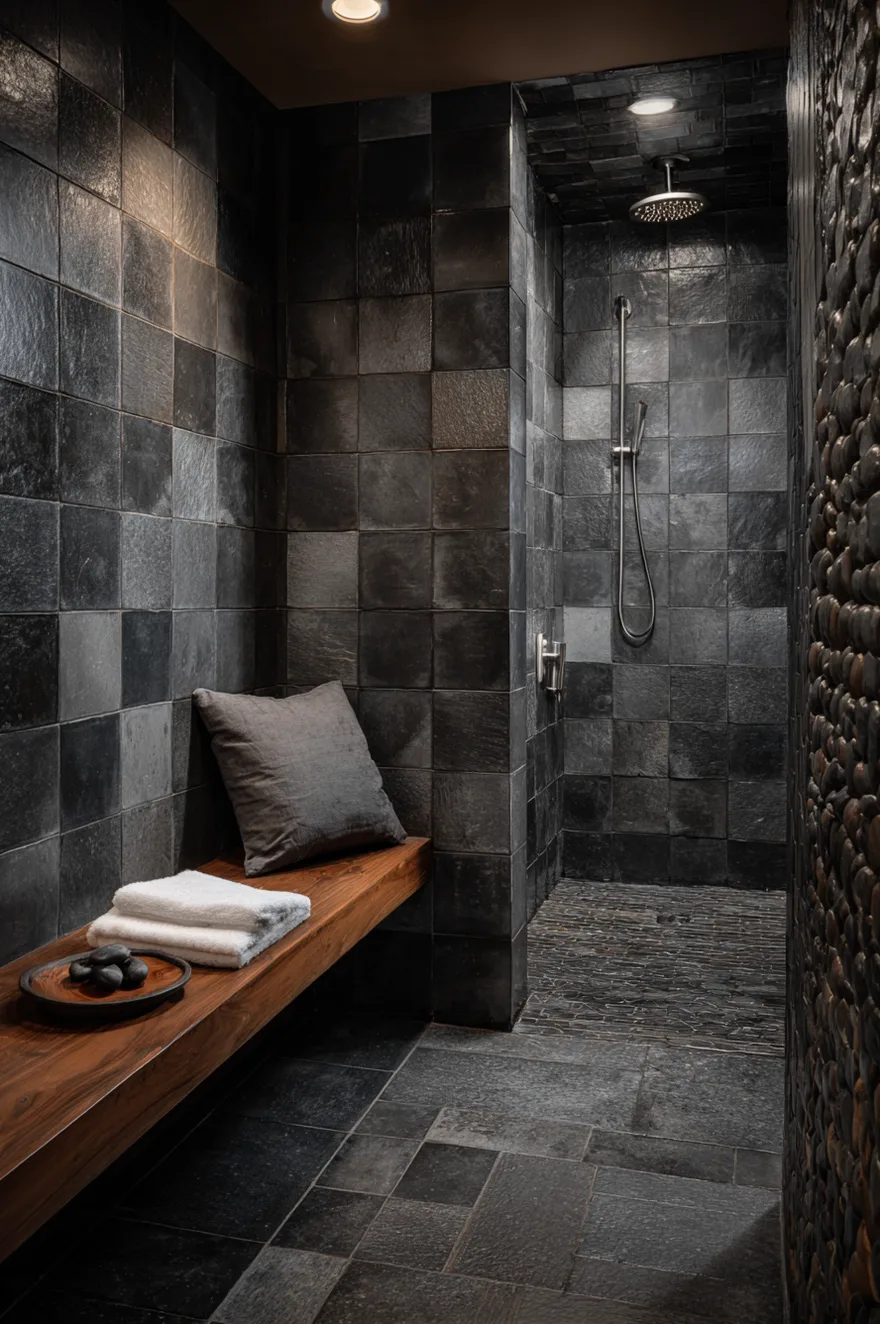 Floor-to-ceiling charcoal zellige tile covering walls, ceiling, and floor of a dark wet room with a teak bench and brushed-nickel rain showerhead overhead.
