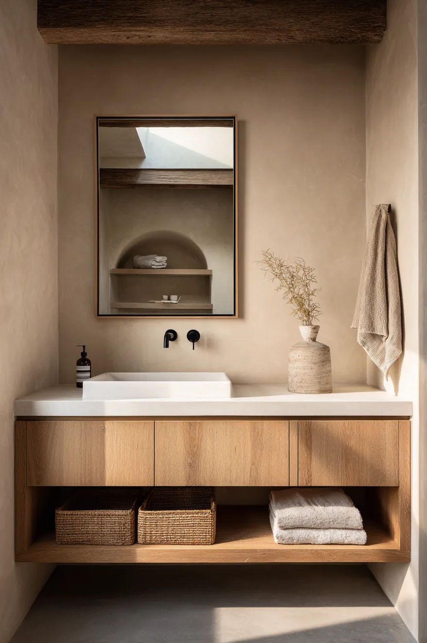 Floating white oak wall-hung vanity with open negative space below and an undermount ceramic sink on a concrete floor with warm plaster walls and a rattan mirror.