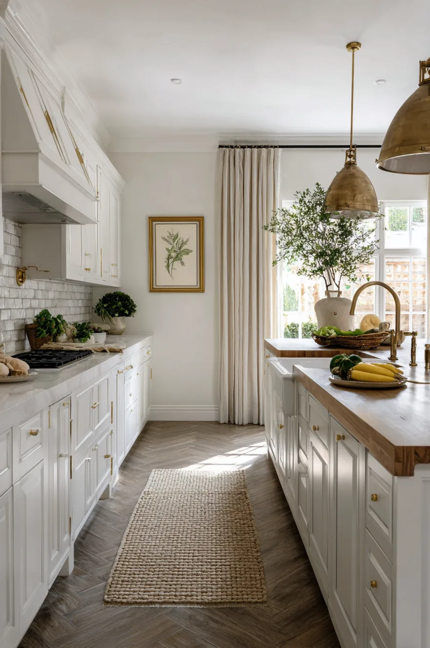 Herringbone kitchen floor in warm greige brick-format porcelain with white shaker cabinets, butcher-block countertops, and an aged brass pendant overhead.