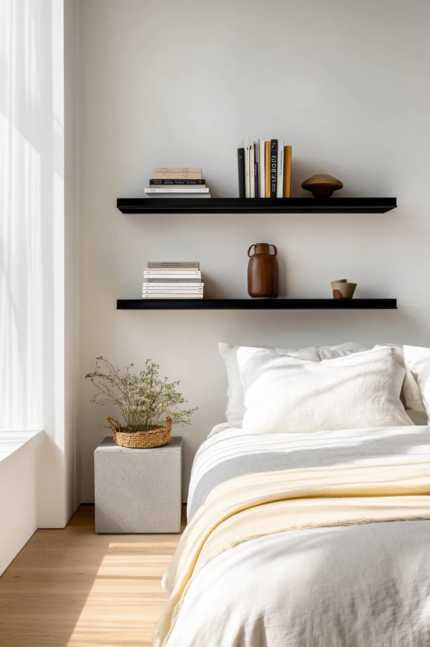 Two thin matte black powder-coated steel floating shelves on a white plaster wall styled with art books, a concrete planter, and a woven basket with generous negative space.