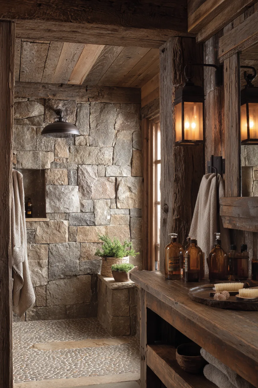 Rustic stone walk in shower with stacked ledger stone back wall, rough-hewn cedar ceiling, river-pebble floor, and oil-rubbed bronze rain head.