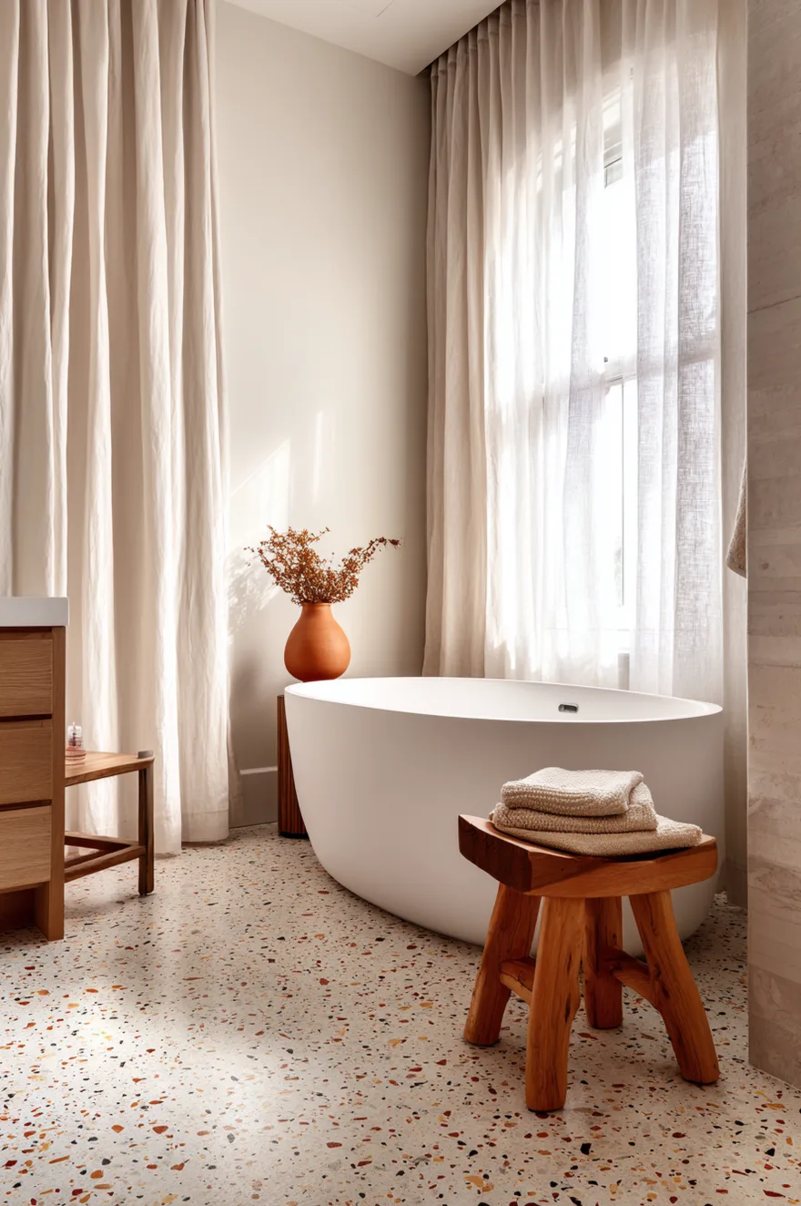 Terrazzo floor bathroom with cream binder and warm rust, tan, and mushroom aggregate chips beneath a simple white freestanding tub and natural linen window panel.