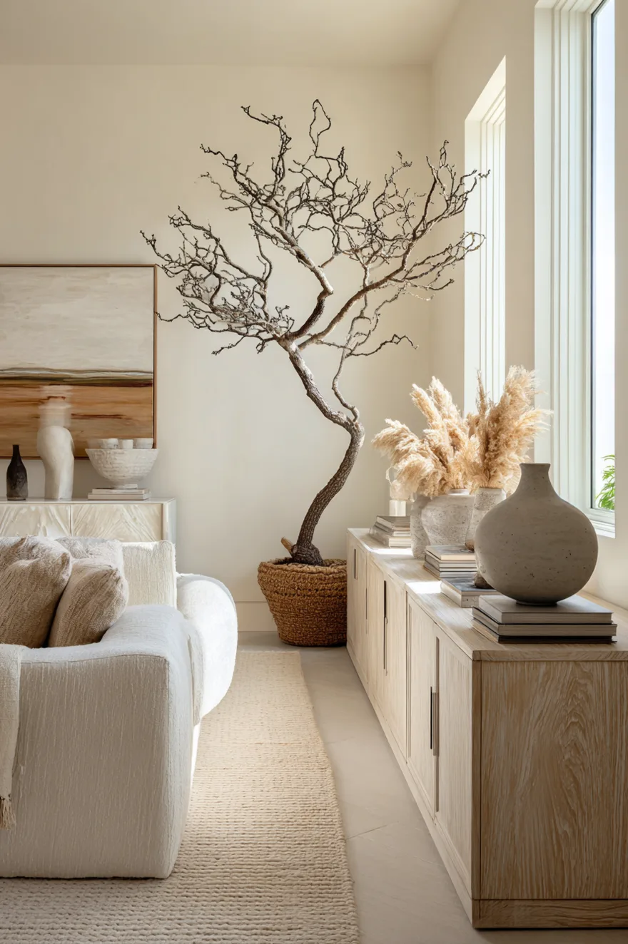 Long credenza styled with a tall dried branch in a concrete vessel at one end, a low stack of linen-covered books at center, and a single wide ceramic bowl on the opposite end.