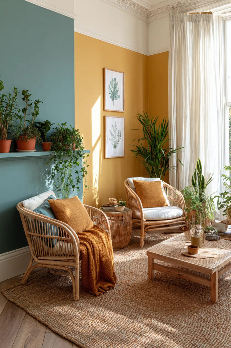 Warm marigold yellow wall opposite a muted teal wall with rattan armchairs, a sisal rug, and terracotta pots in a light-filled eclectic living room.