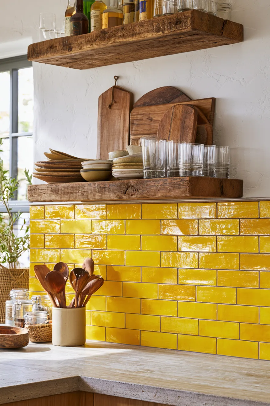 Bright golden yellow glossy subway tile backsplash under a rustic wood floating shelf stacked with ceramic dishes and glassware.