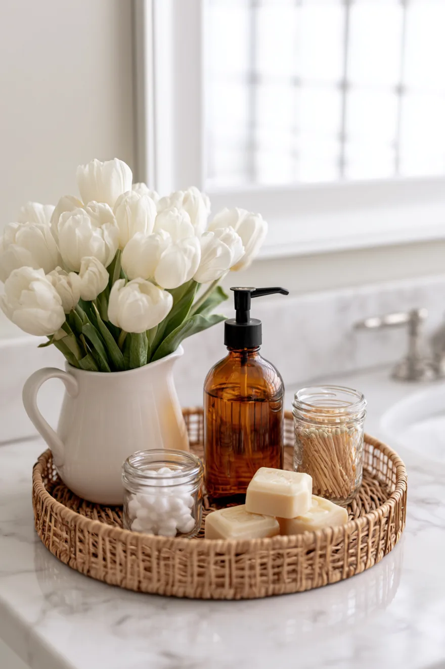 Round wicker tray on a white marble counter holding a white ceramic pitcher with white tulips, an amber glass pump bottle, artisan bar soaps, and glass jars of cotton balls and matches.