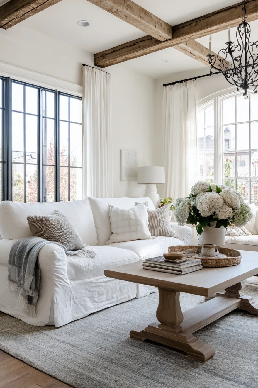 A bright and airy living room featuring a crisp white slipcovered sofa and rustic wood ceiling beams. A light wood coffee table holds a tray with white hydrangeas and a stack of books. Large black-framed windows let in abundant natural light, highlighting the neutral rug and soft textures.