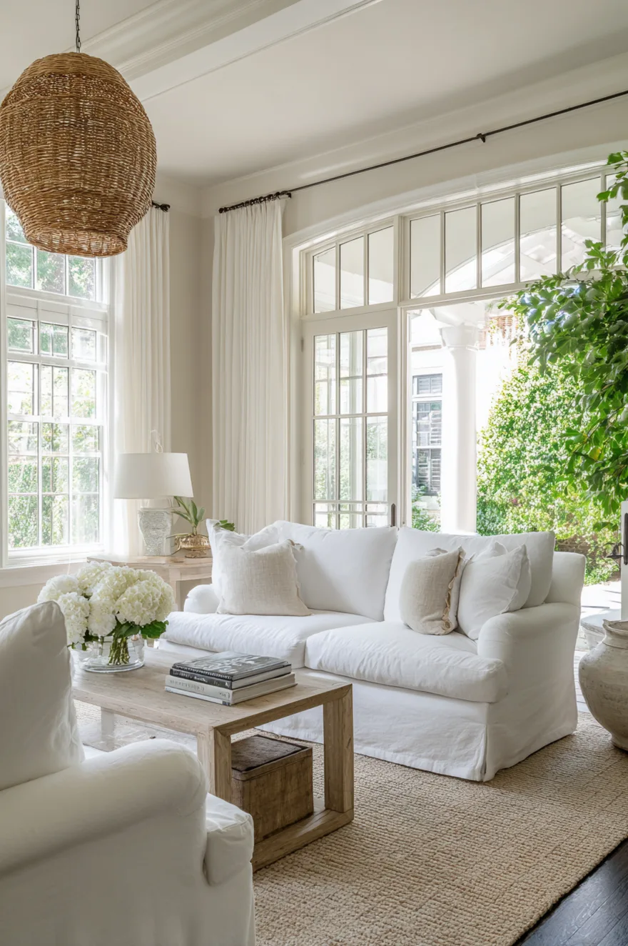 A sun-drenched living room with white slipcovered furniture and a large woven wicker pendant light. The space features large windows looking out to a garden, cream curtains, and a light wood coffee table with hydrangeas. The overall feel is serene, coastal, and French provincial.