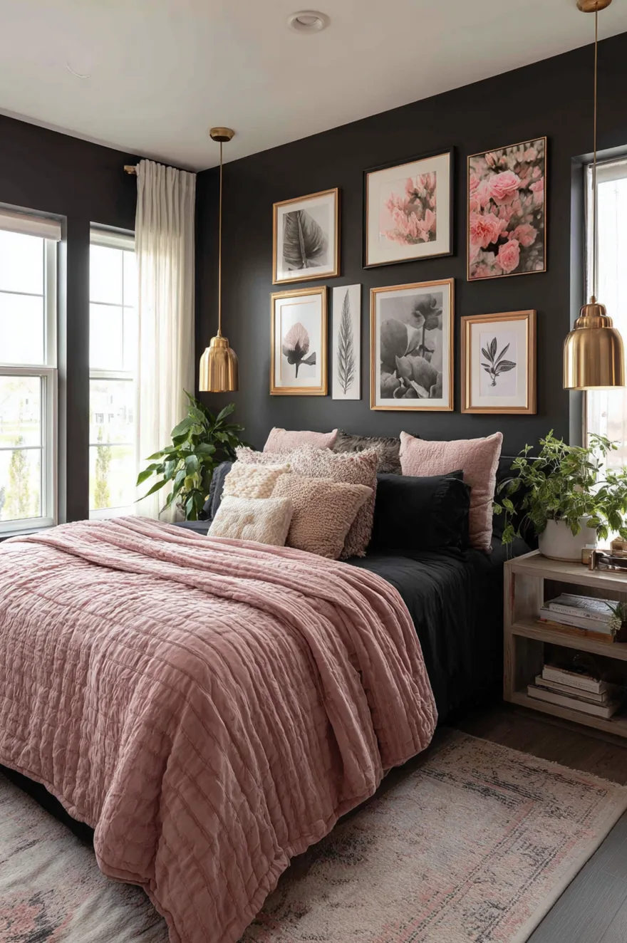 Dark bedroom wall featuring a gallery wall of framed botanical and floral prints in gold frames, with pink textured bedding and brass lighting.
