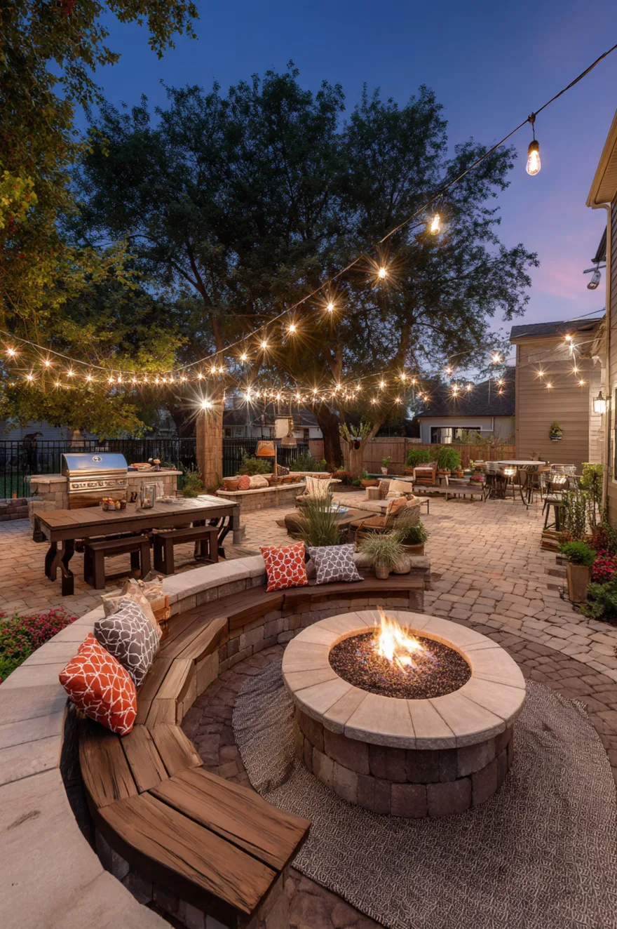 Backyard patio at dusk featuring a built-in stone grill station, a large wooden dining table, and a circular stone fire pit with curved wooden bench seating and string lights overhead.