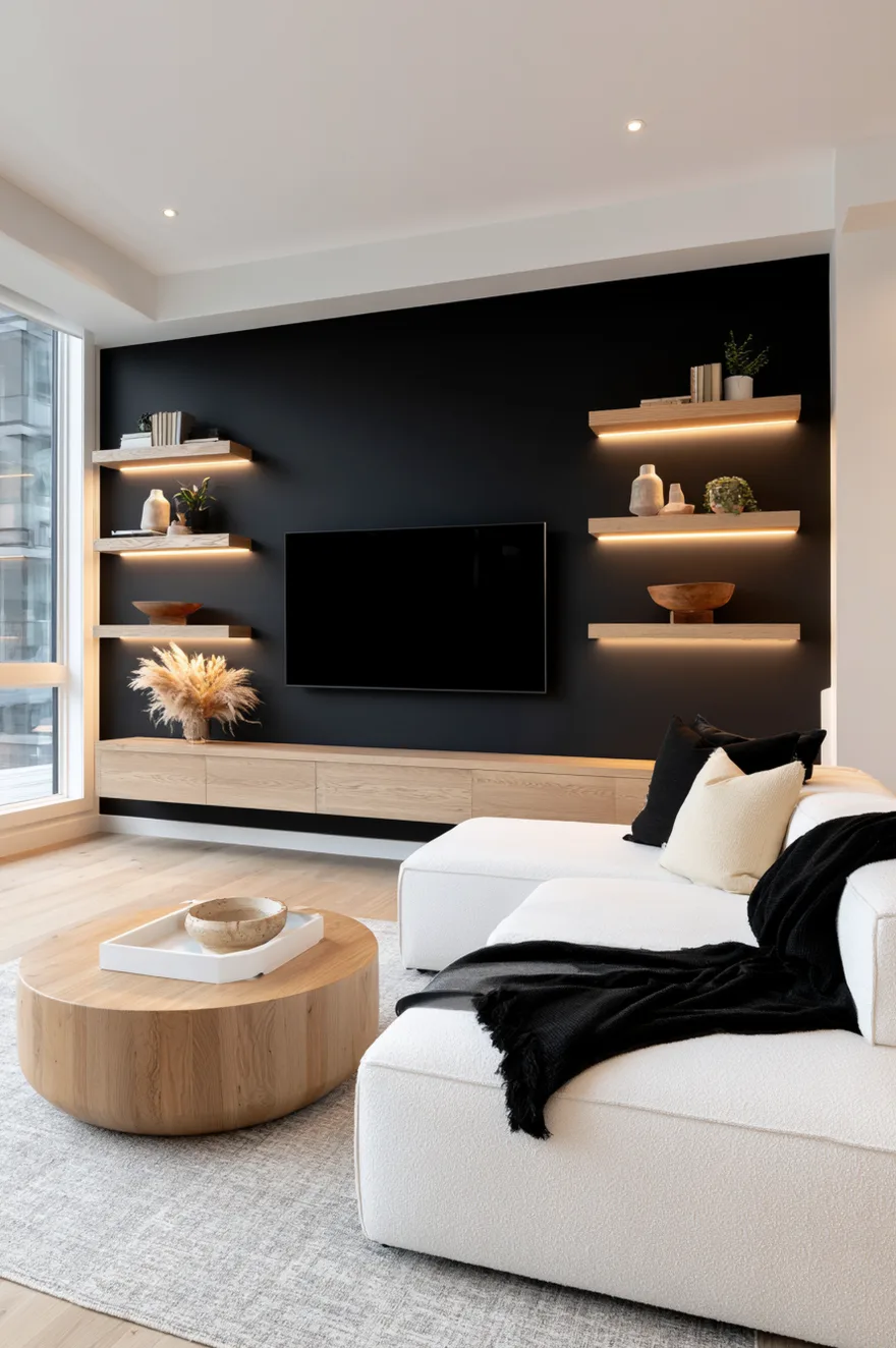 Floating white-oak media console and matching shelves with integrated warm LED lighting against a matte black wall with a flat-screen TV.
