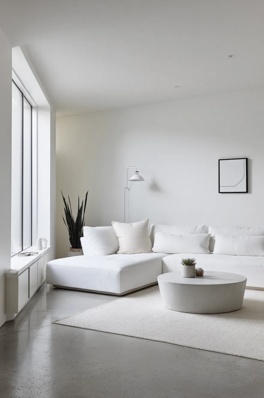 Minimalist white living room with a low profile white sectional sofa and concrete round coffee table.