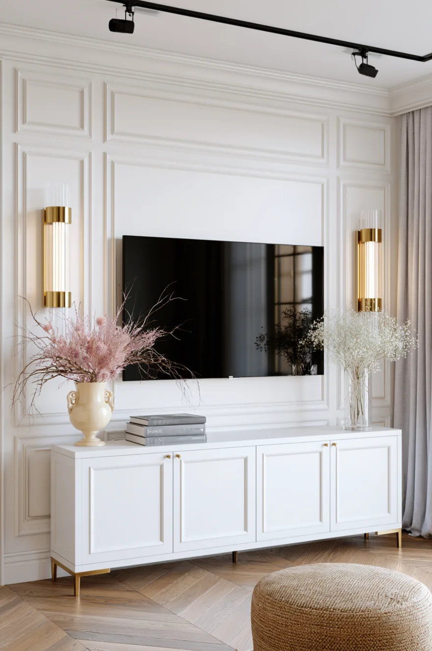 Traditional white wainscoting and applied panel moulding accent wall with a wall-mounted flat screen television. Two luxury fluted gold and glass cylindrical wall sconces flank the screen, casting soft warm light. Below sits a classic bright white floor-standing media console with panel-inset doors, gold hardware handles, and slim gold legs. The console is styled with stacked design books, a cream ceramic urn vase holding dried pink botanicals, and a clear glass cylinder vase filled with delicate white flowers. A round woven jute pouf rests on herringbone patterned wood floors.