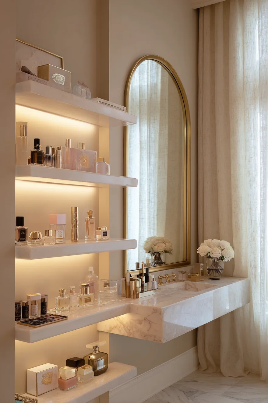 A section of a bathroom featuring a floating white marble sink and counter. To the left, Built in wall shelves are heavily backlit, displaying an elegant collection of perfume bottles. A tall, gold-framed arched mirror reflects the space, and a vase of white roses sits on the counter next to makeup organizers.