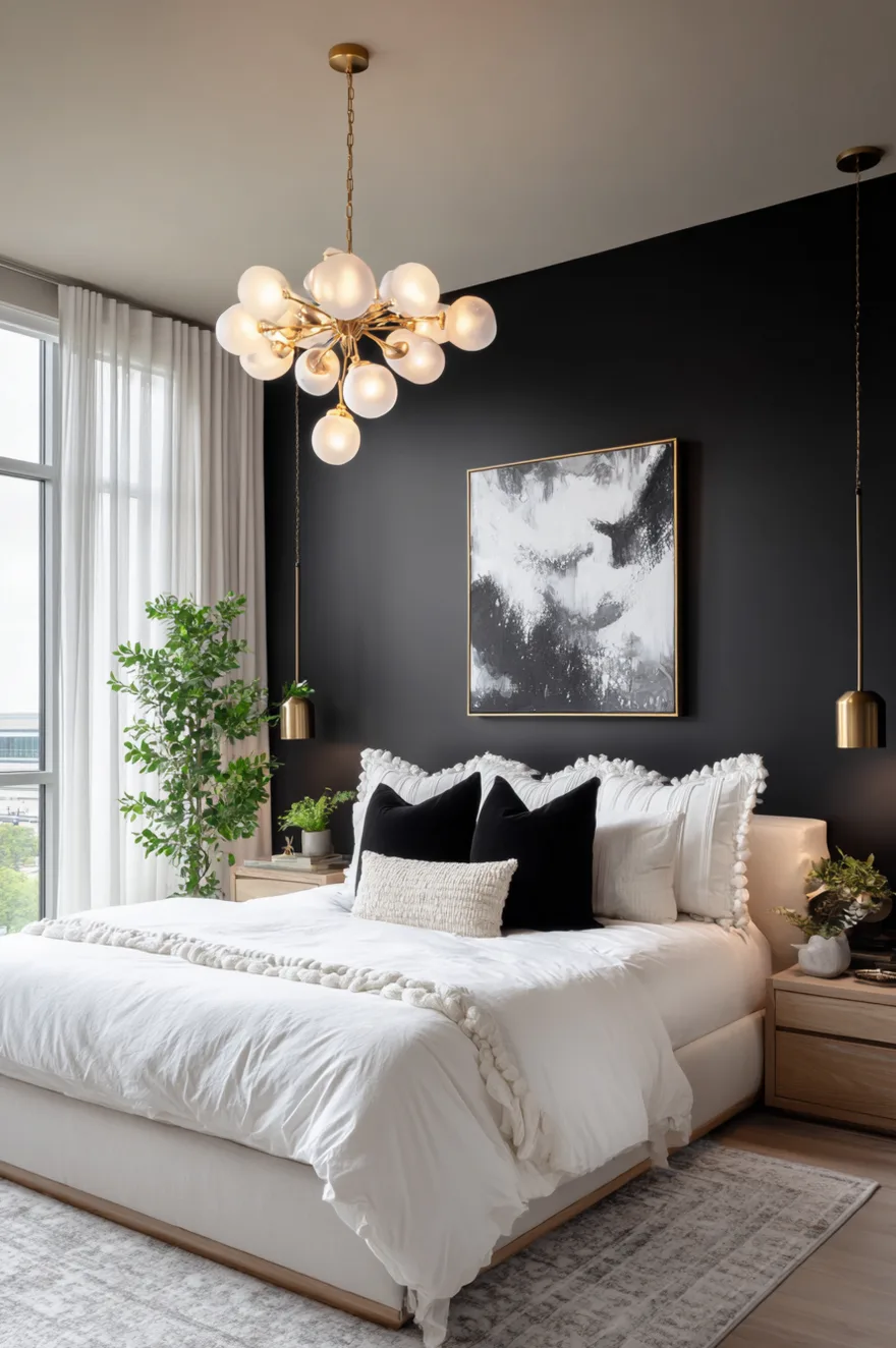 A modern bedroom with a flat black accent wall displaying abstract black and white art, a white bed with black pillows, and a striking gold bubble chandelier overhead.