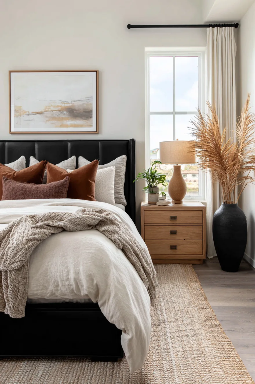 Bright bedroom with a black channel-tufted headboard, light wood nightstands, rust-colored throw pillows, and a tall black vase filled with dried palm leaves.