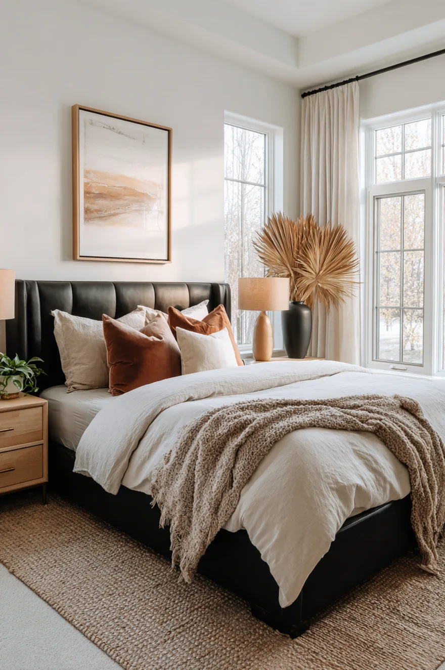 A cozy bedroom setting featuring a black leather headboard, textured neutral bedding with rust accents, and large windows providing bright natural light.