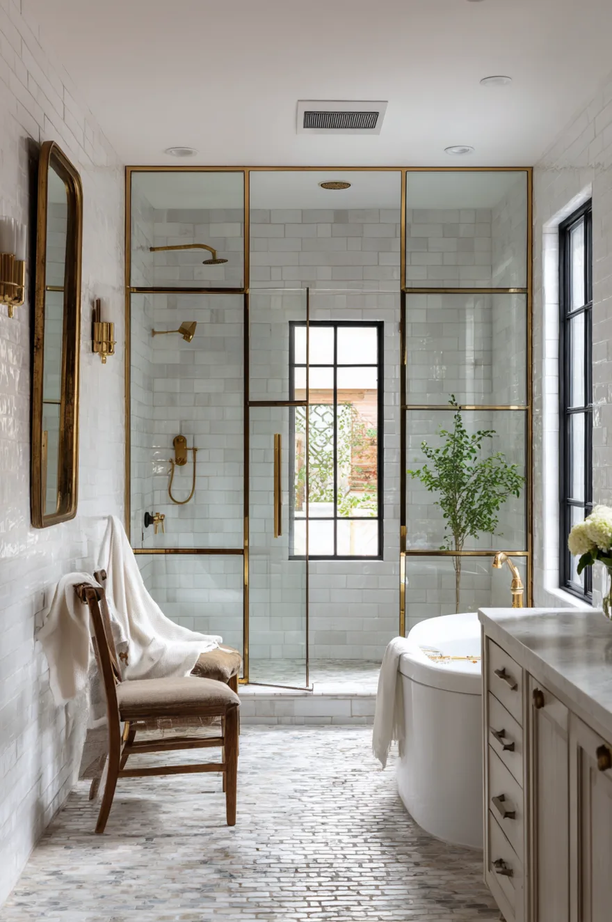 A bathroom featuring a walk in shower enclosed by glass panels with brass frames, white textured subway tiles, brass fixtures, a freestanding tub, and a rustic wooden chair.