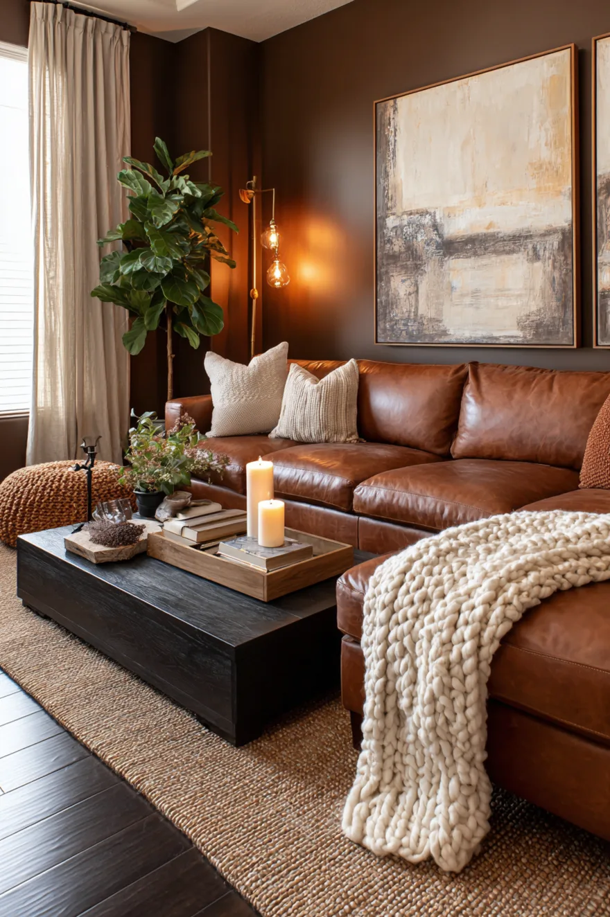 A large caramel brown plush sectional sofa placed on a light textured rug with a round black coffee table in a bright room with white walls.