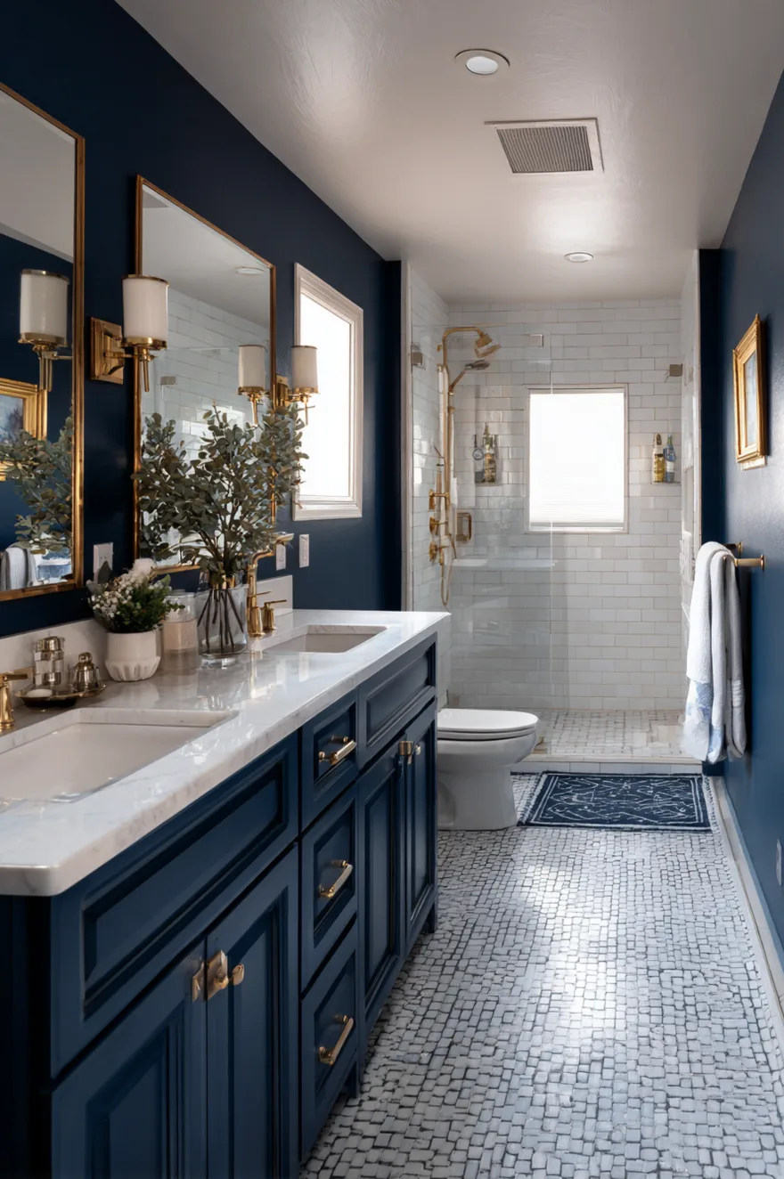 A modern bathroom with navy blue walls, a navy blue double vanity, white marble countertops, a glass shower, and patterned floor tiles.